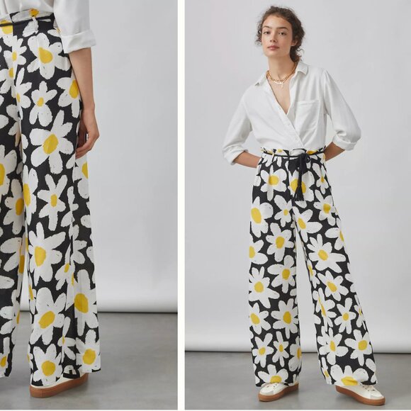 FARM Rio Pants - Sz L Anthropologie Farm Rio Black and White Floral Wide-Leg Pants